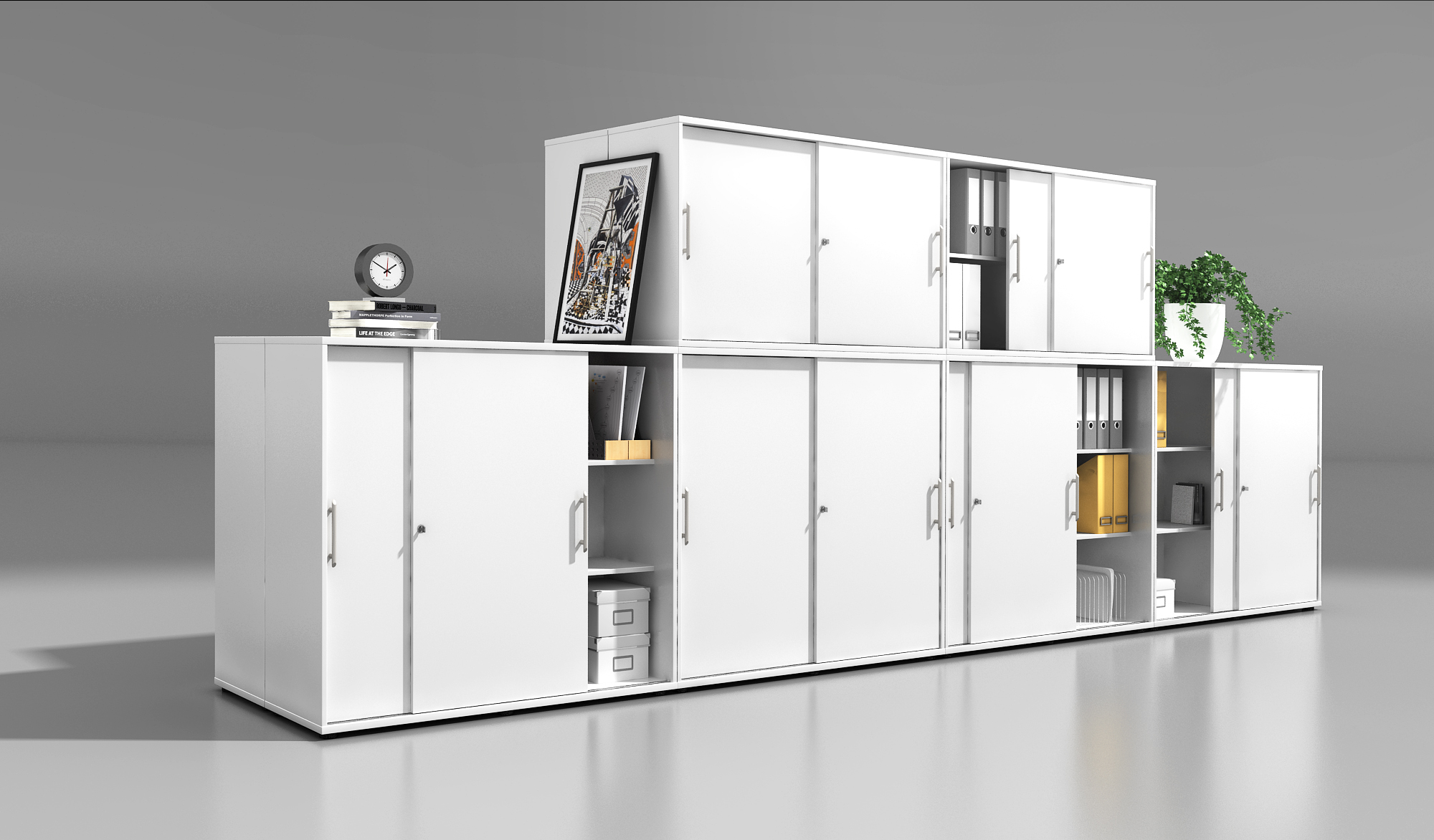 Schiebetürenschrank 3 OH CE Weiß/Nussbaum