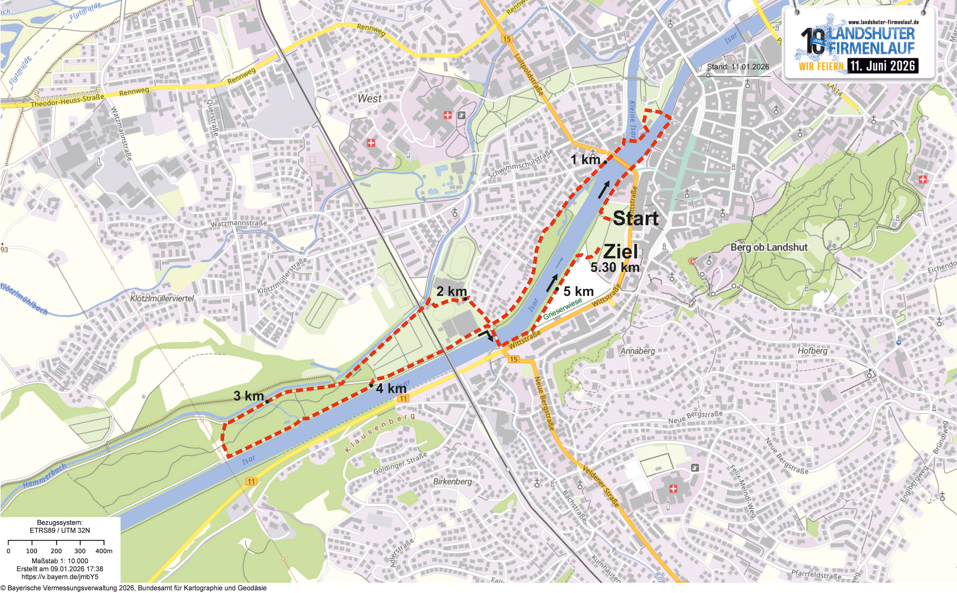 Streckenkarte Landshuter Firmenlauf 2026 – 6-Kilometer-Rundkurs durch die Isarauen in Landshut