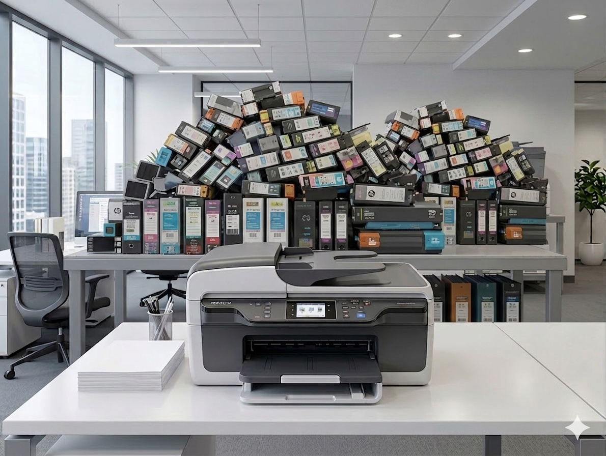 Visualisierung der Total Cost of Ownership: Günstiger Consumer-Drucker mit einem Berg an leeren Tintenpatronen im Hintergrund