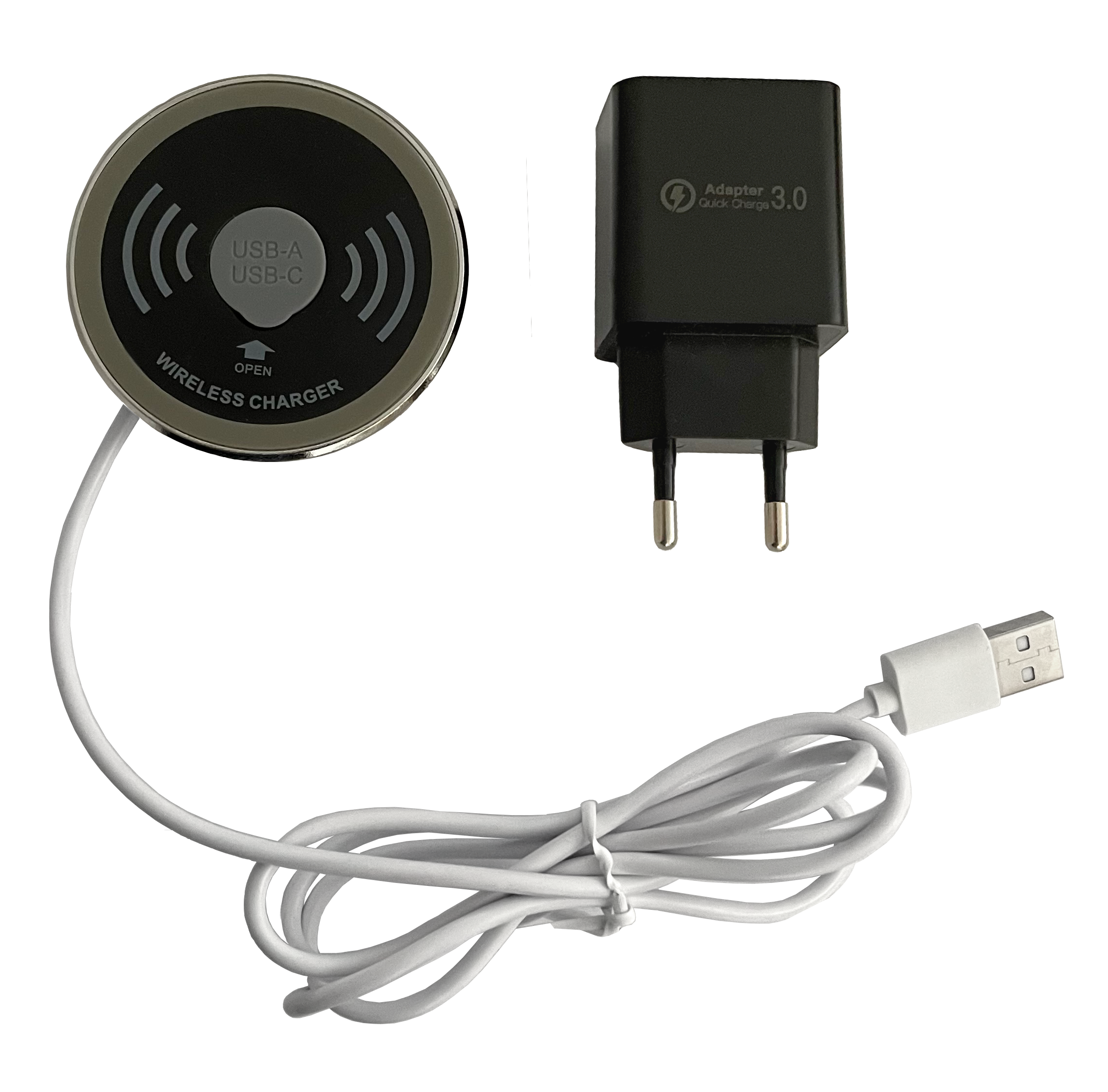 QI-Ladegerät mit AC/USB Adapter, mit Bohrung