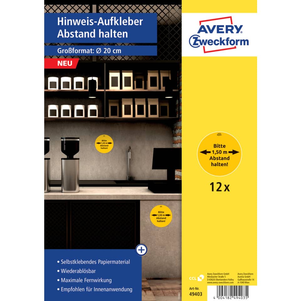 49403 Corona Hinweis Aufkleber Abstand - Ø200 mm/gelb, schwarz, 12 Stück