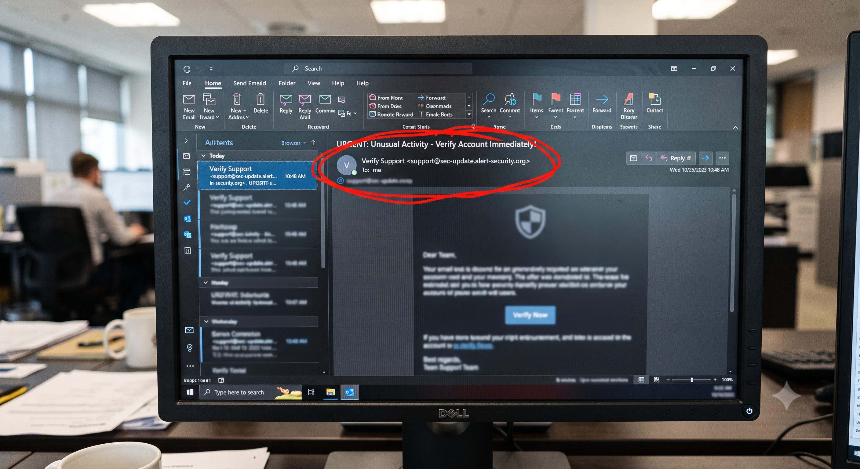 Blick auf einen Computermonitor mit geöffnetem E-Mail-Programm — verdächtige Absenderadresse einer Spam- oder Phishing-Mail
