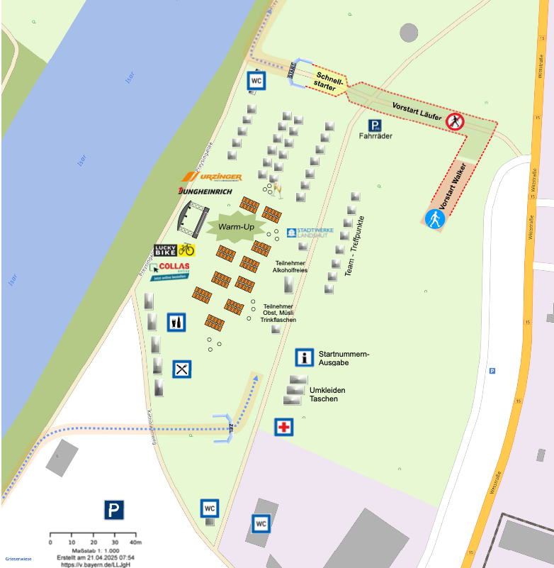 Lageplan des COLLAS Bürowelt Stands beim Landshuter Firmenlauf 2026 auf der Ringelstecherwiese
