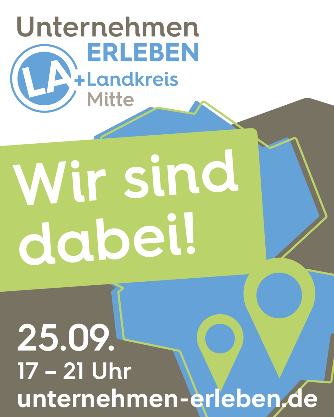 Offizielle Social-Media-Grafik von Unternehmen ERLEBEN 2026 mit dem Slogan „Wir sind dabei!“