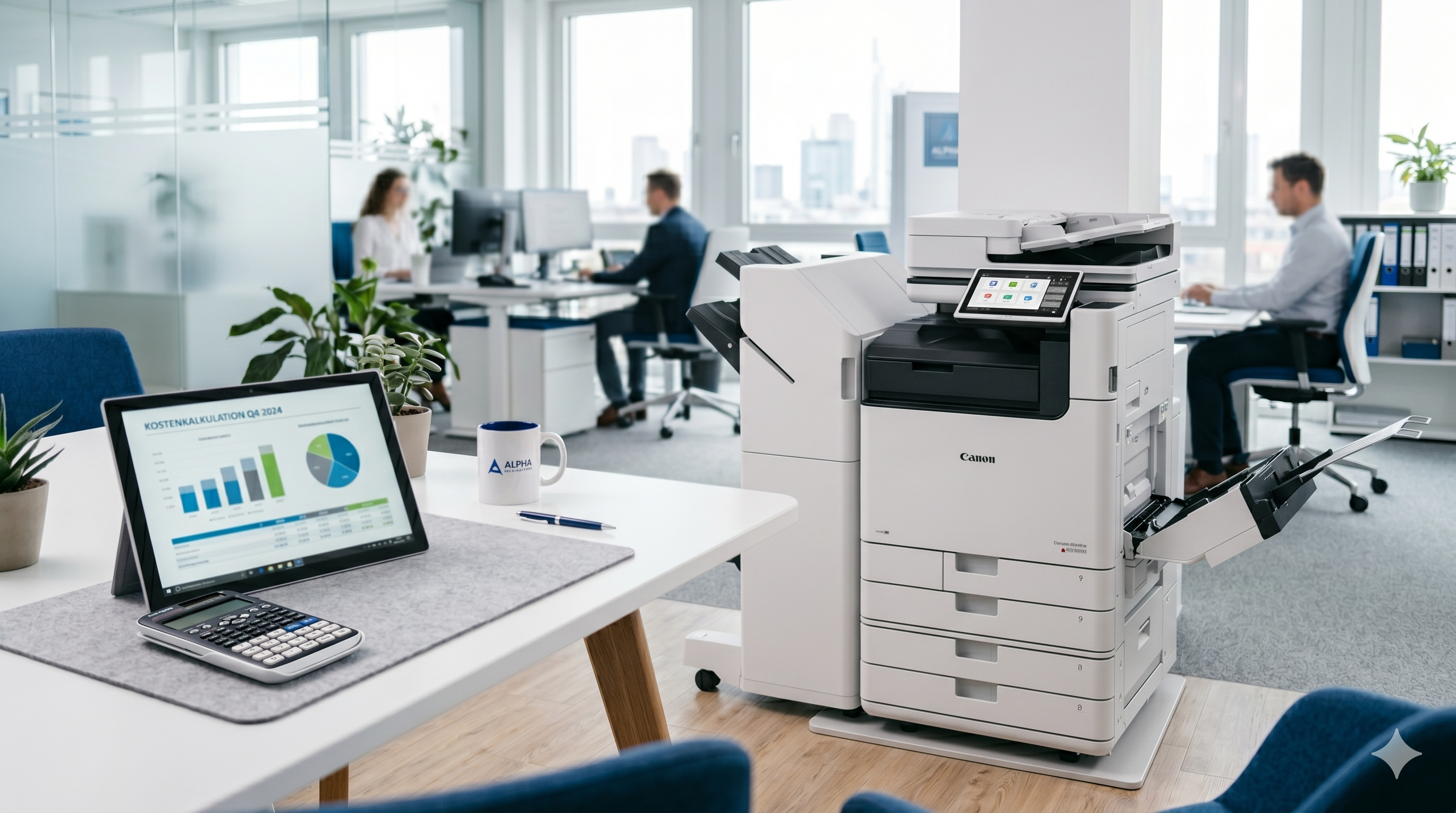 Modernes B2B-Büro mit einem Canon Multifunktionsdrucker für die optimale Druckinfrastruktur