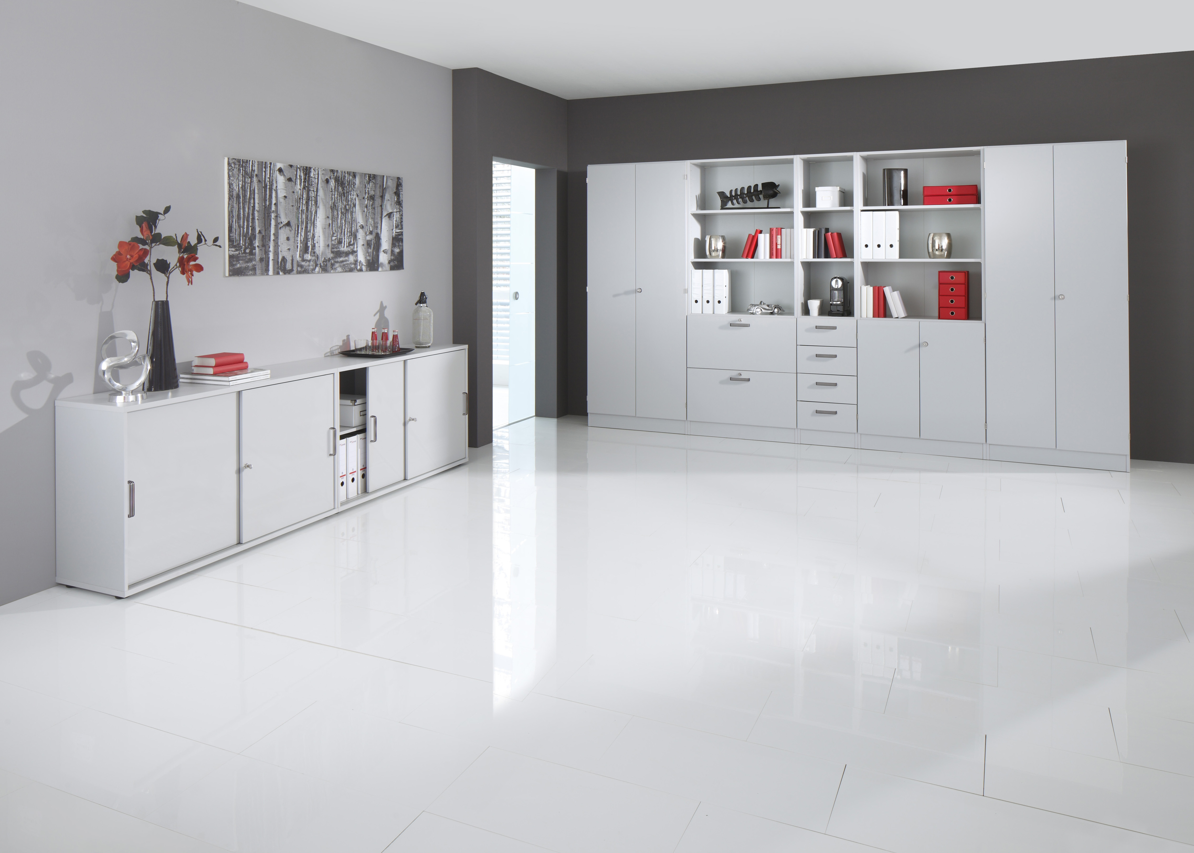 Glastürenschrank 5OH, SO-Bl. SG Grau/Silber