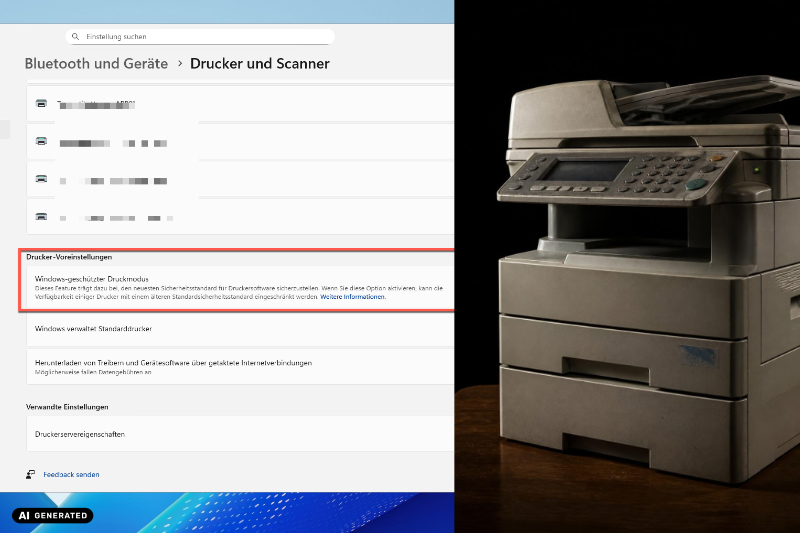 Windows 11 Einstellungen mit aktiviertem Windows Protected Print Mode neben einem Multifunktionsdrucker im Büro