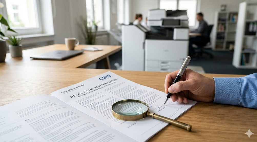 Unterschrift auf einem Leasingvertrag für Kopierer und Drucker bei Collas Bürowelt