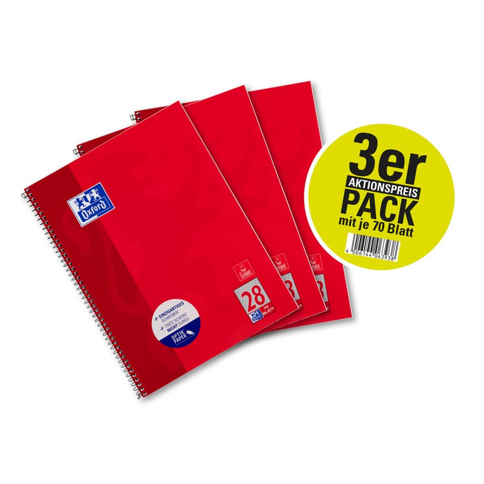 Collegeblock - Lin.28, kariert, A4+, 90 g/qm, 70 Blatt, rot, 3er Pack