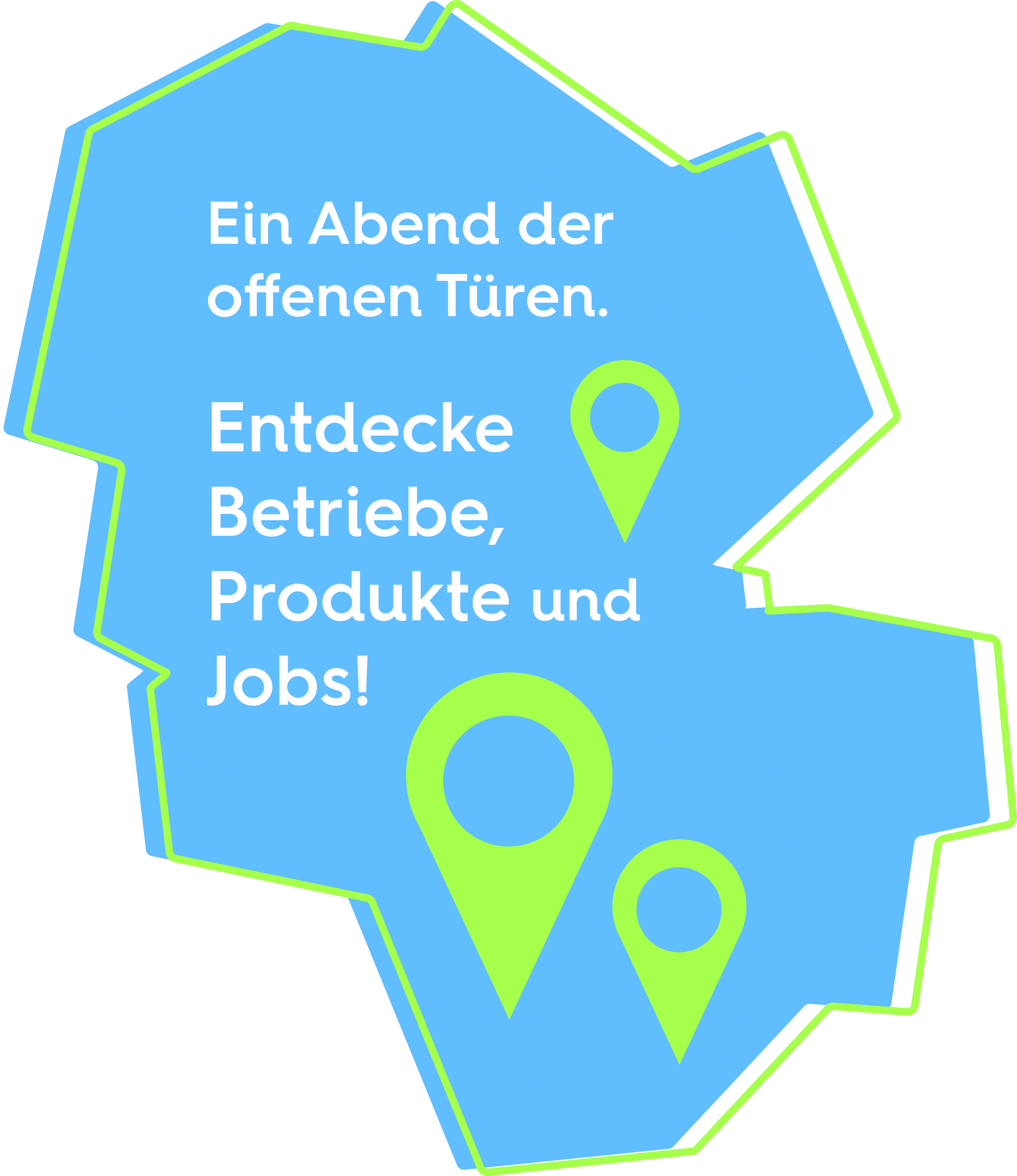 Symbolische Kartensilhouette der Region Landshut mit dem Unternehmen-ERLEBEN-Motto „Ein Abend der offenen Türen. Entdecke Betriebe, Produkte und Jobs!“